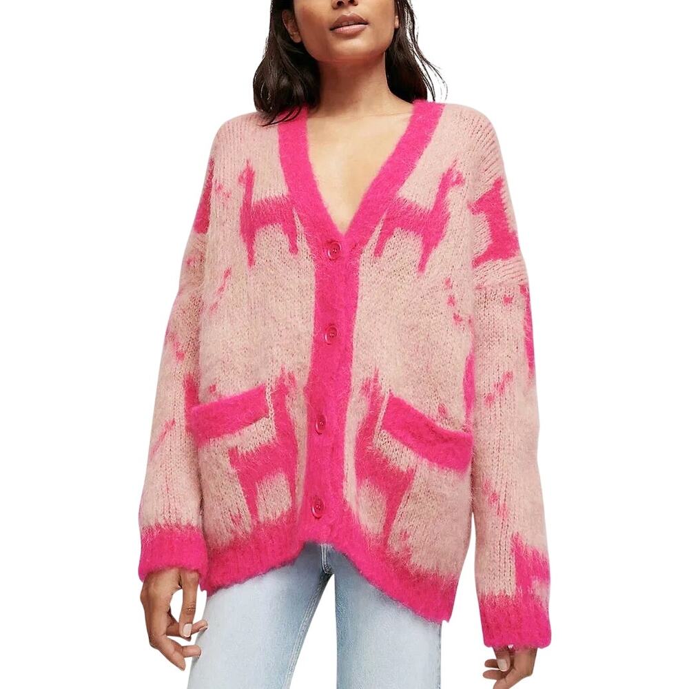 Maje Mylama Graphic-Pattern Knitted Cardigan Pink Womens Size 1 (Small) - Picture 1 of 11